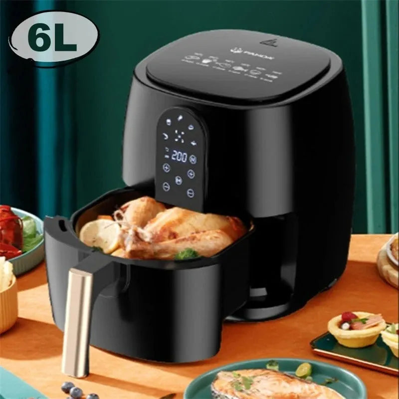 Home Fashion black air fryer with touch screen panel, 6L capacity, on countertop