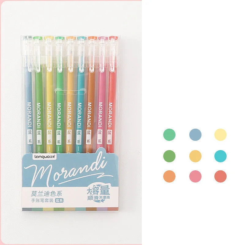 Set of nine retro-style gel pens with 0.5mm needle tips in various solid colours for student notes