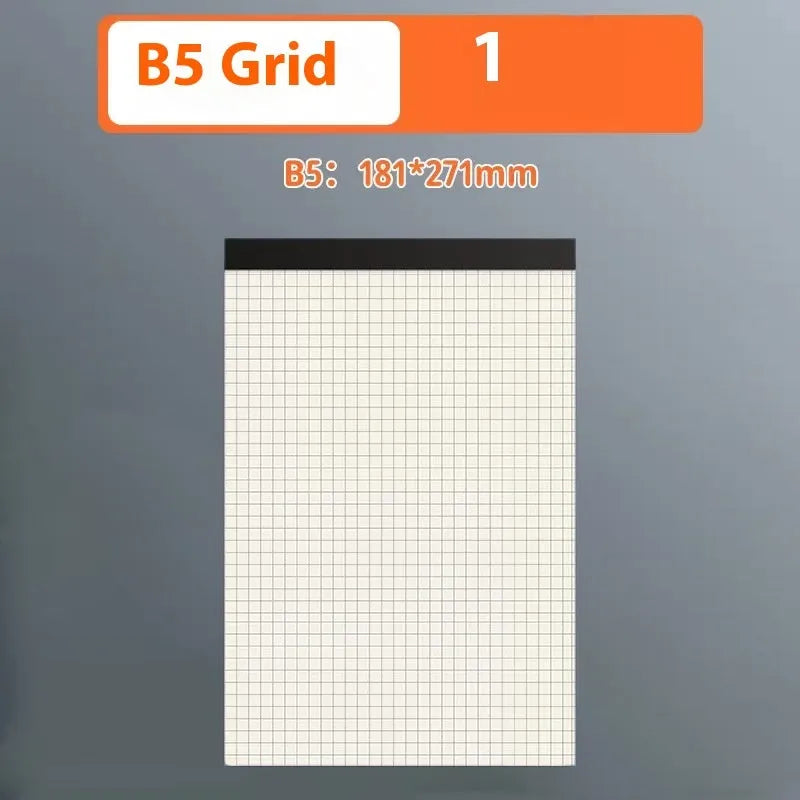 A5, B5 and A4 writing pads with blank, grid and lined page rulings.