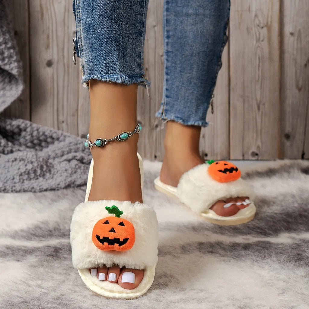 White and yellow pumpkin plush open-toe slippers with anti-slip PVC soles