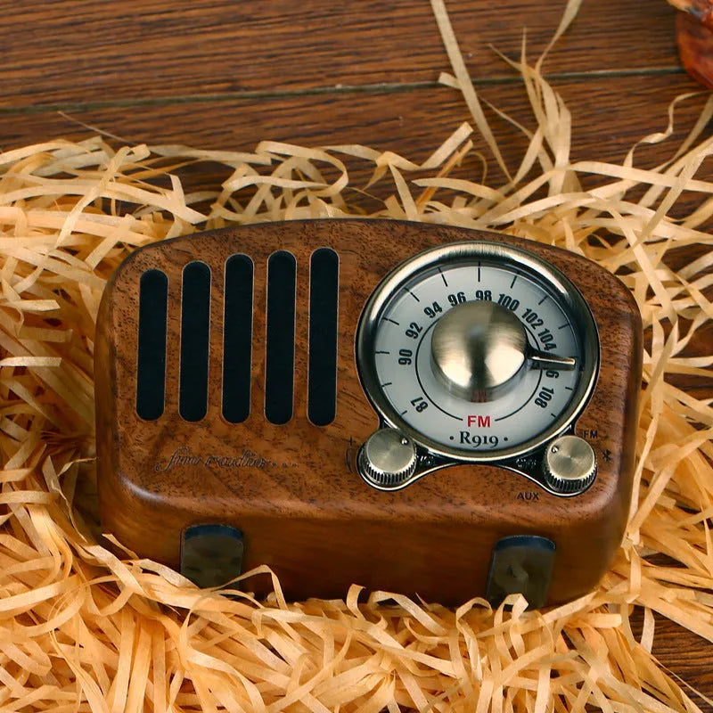 Retro wooden wireless mini speaker in natural wood finish with compact dimensions