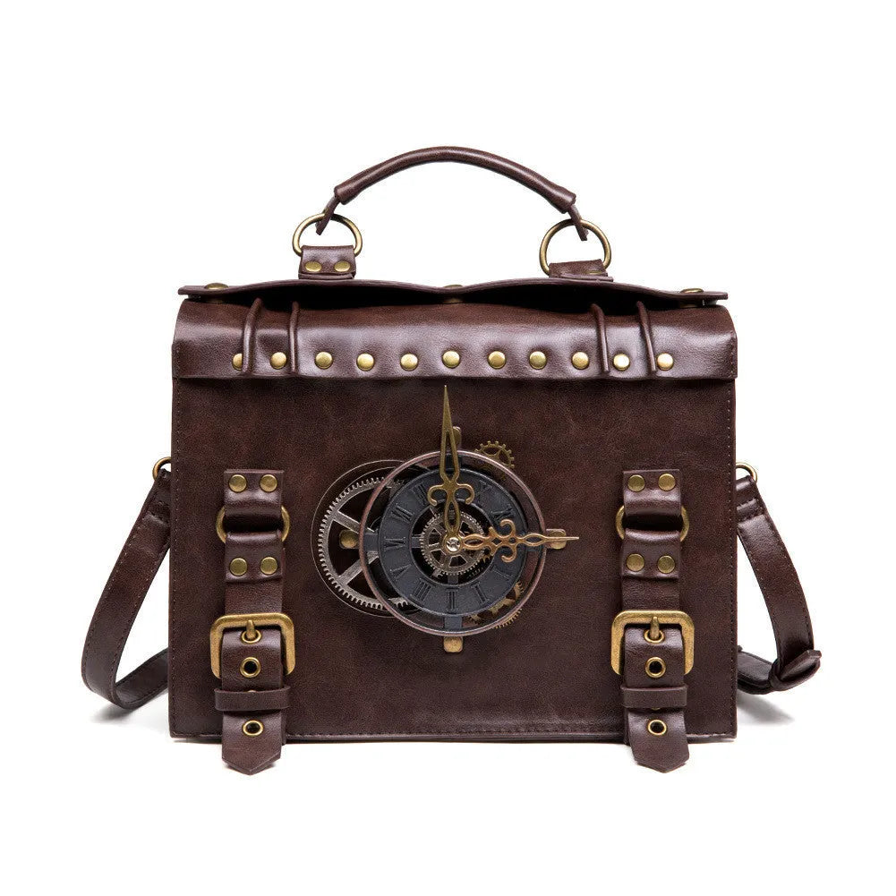 Bronze steampunk industrial retro shoulder bag with metal hardware and square pillow design