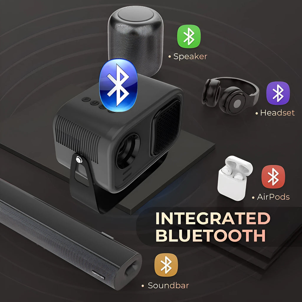 Black HD smart portable projector with remote control and multiple plug formats