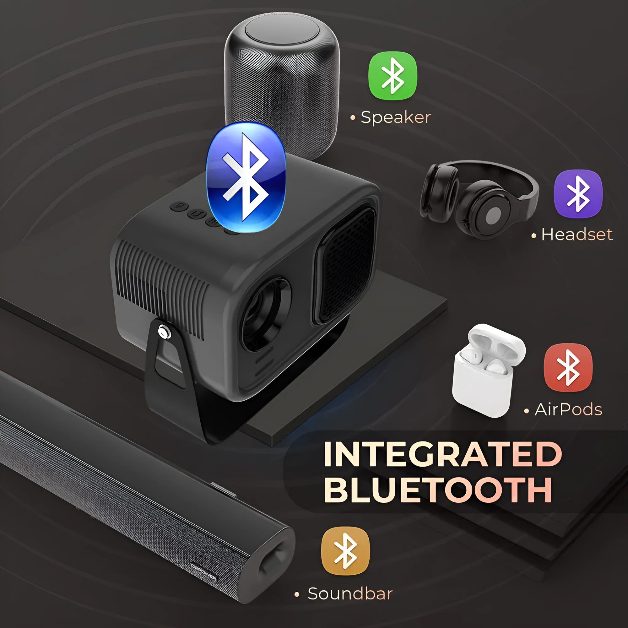 Black HD smart portable projector with remote control and multiple plug formats