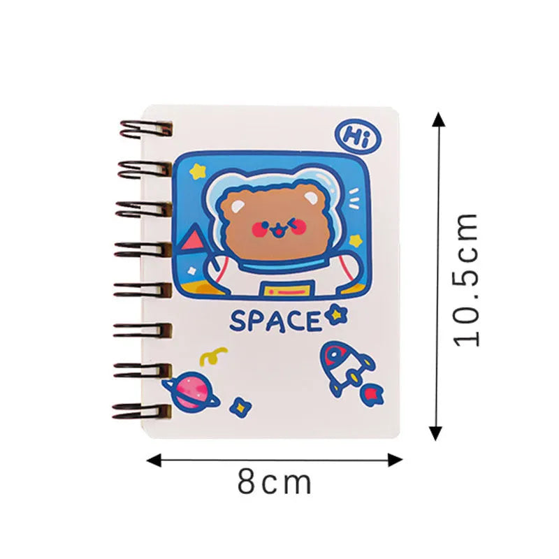 Astronaut-themed flipper notebook measuring 10.5cm by 8cm with space design cover options