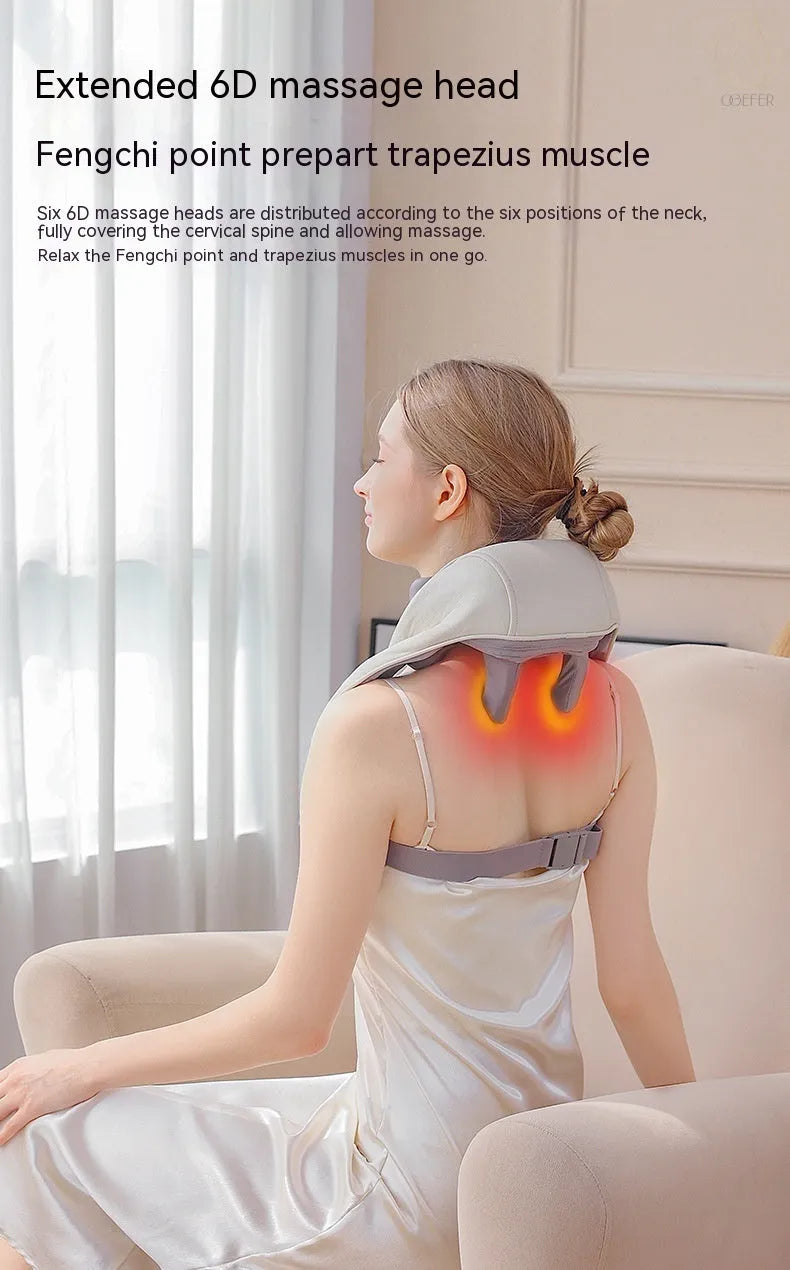 Creamy white rechargeable shoulder and neck massager with kneading function and infrared physiotherapy.