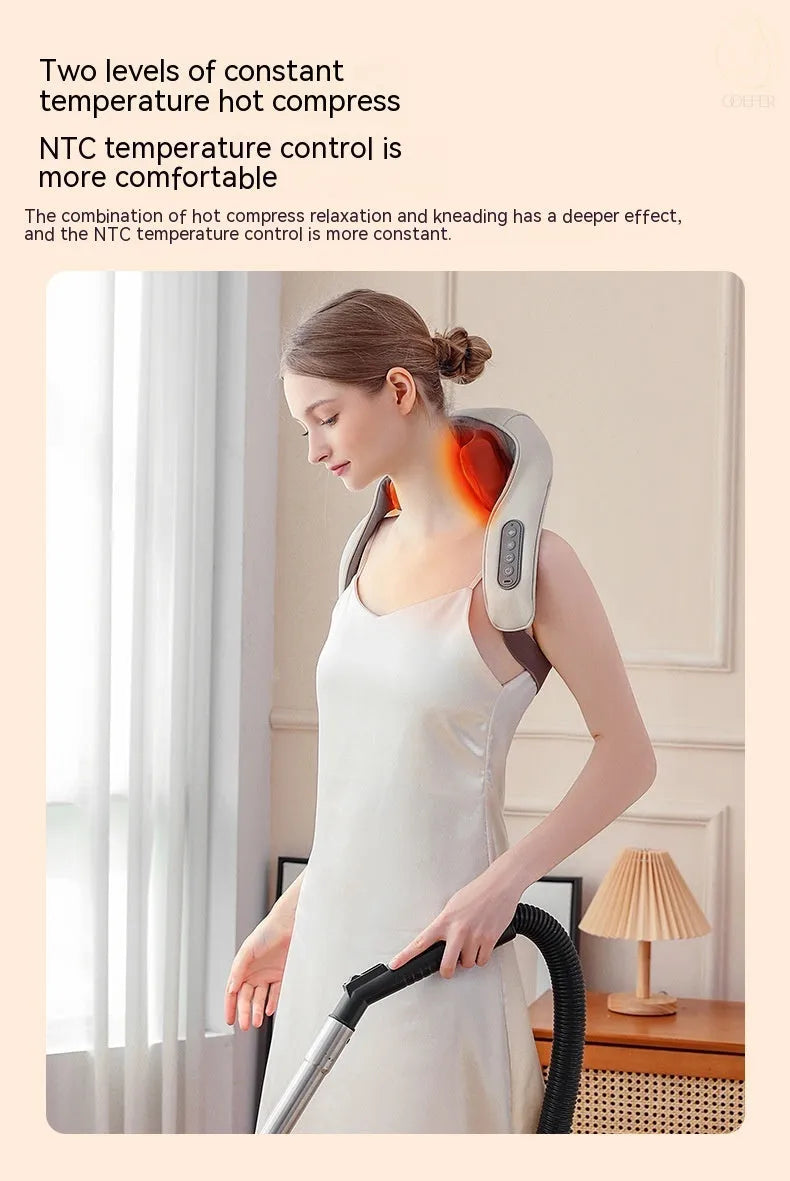Creamy white rechargeable shoulder and neck massager with kneading function and infrared physiotherapy.