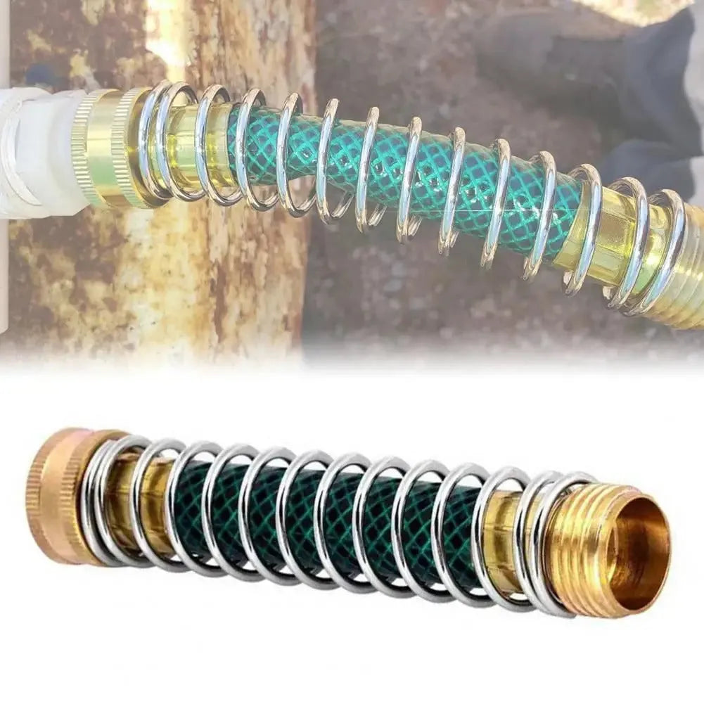 Brass garden hose sprinkler connector with spiral spring mechanism for preventing kinks