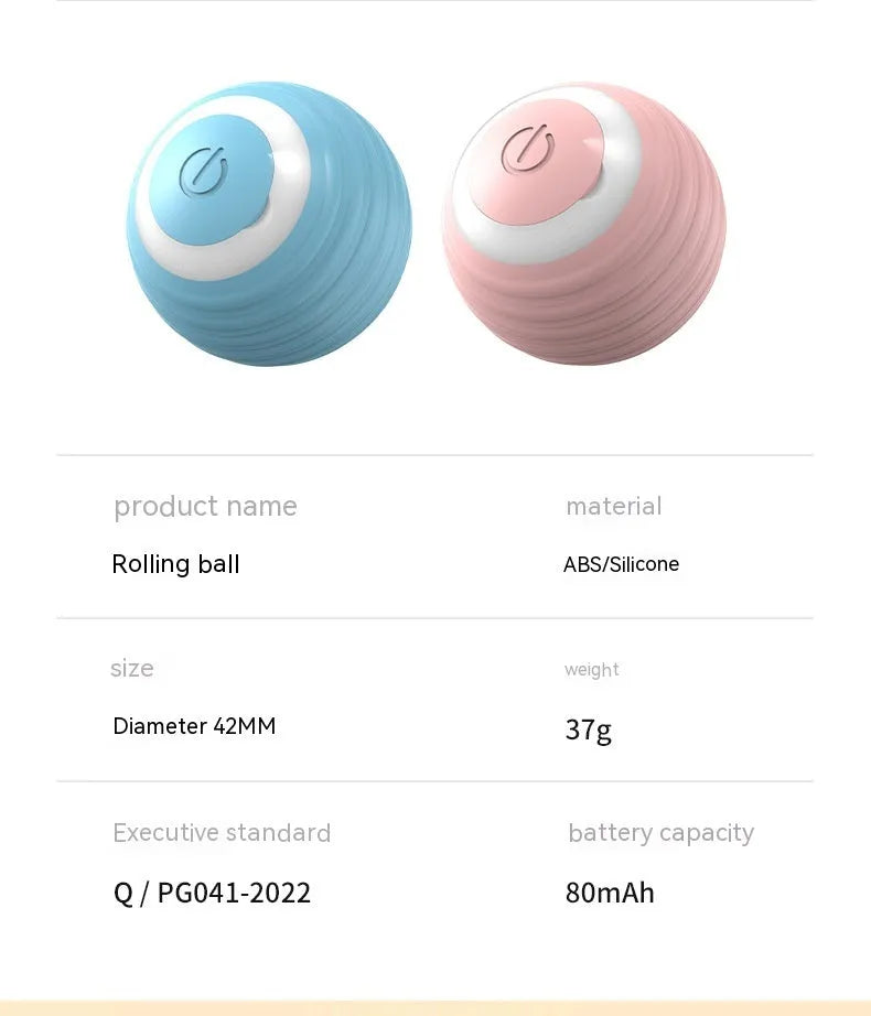 Blue automatic moving cat toy ball with USB charging cable on floor