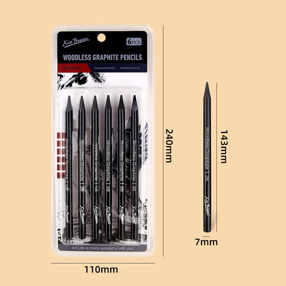 Set of six wood-free graphite sketching pencils in grades HB, 2B, 4B, 6B, 8B, and EE.