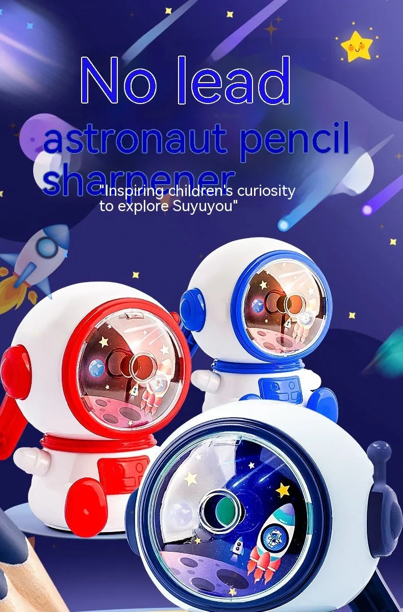 Blue astronaut-themed manual pencil sharpener with adjustable dial showing three sharpening levels