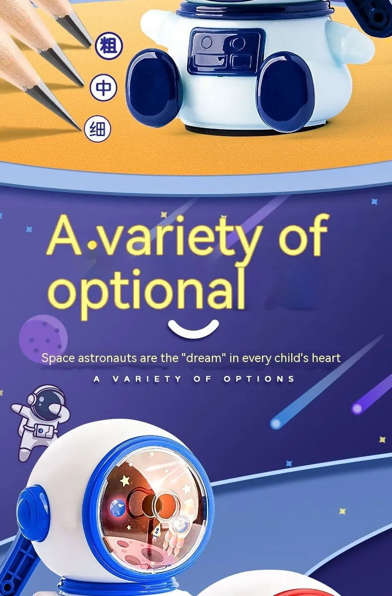 Blue astronaut-themed manual pencil sharpener with adjustable dial showing three sharpening levels