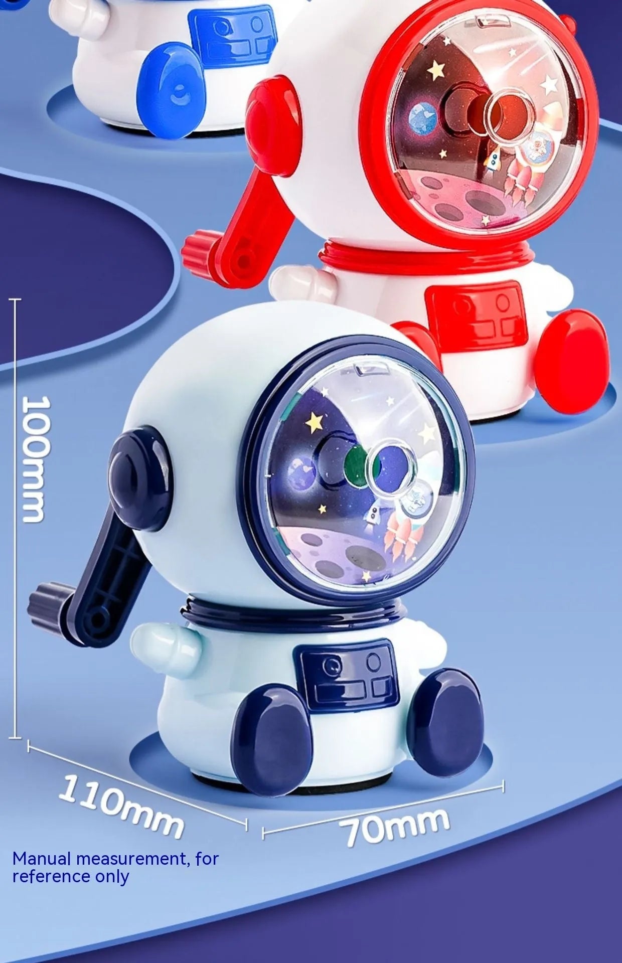 Blue astronaut-themed manual pencil sharpener with adjustable dial showing three sharpening levels