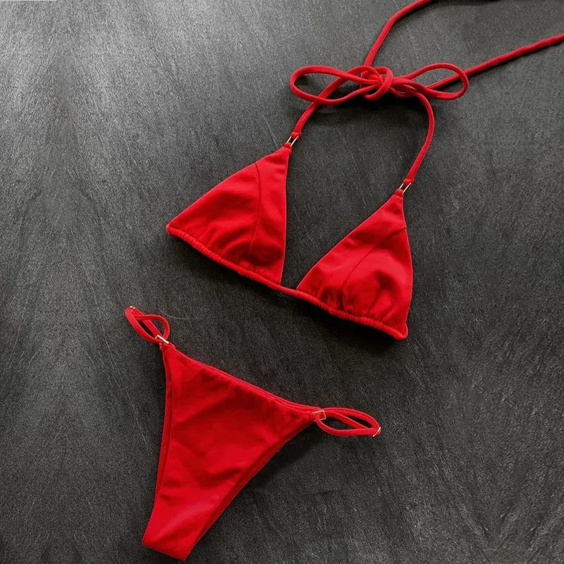 Women's nylon split bikini in red, blue, and snakeskin colours, sizes S, M, L