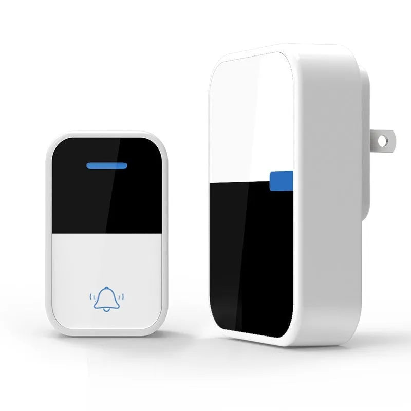 Modern white plastic wireless doorbell with receiver and remote components