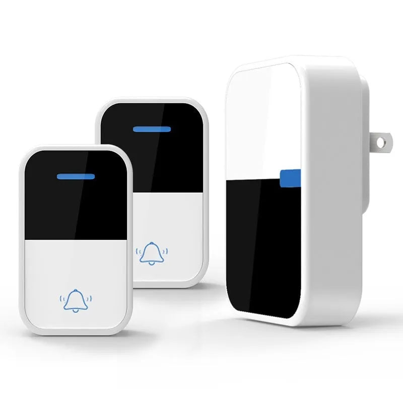 Modern white plastic wireless doorbell with receiver and remote components