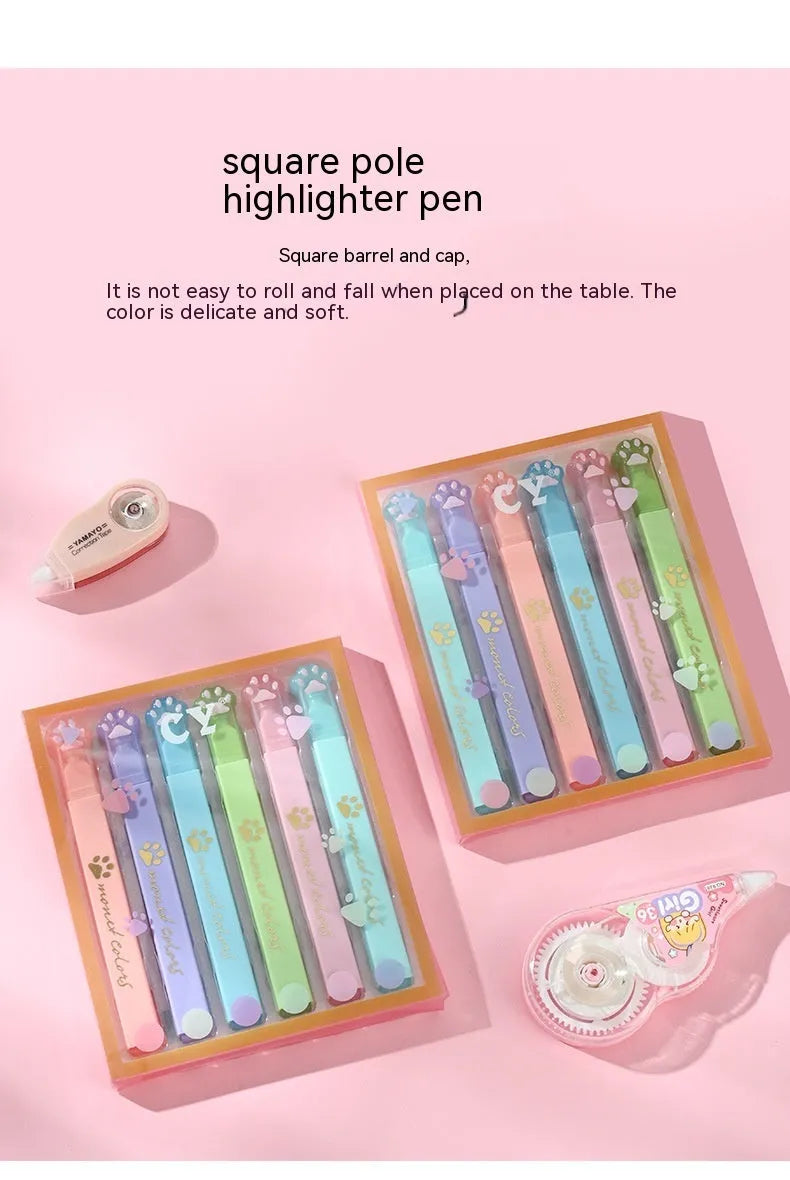 Box of six cat's paw shaped fluorescent marking pens in assorted colours with oblique nibs.