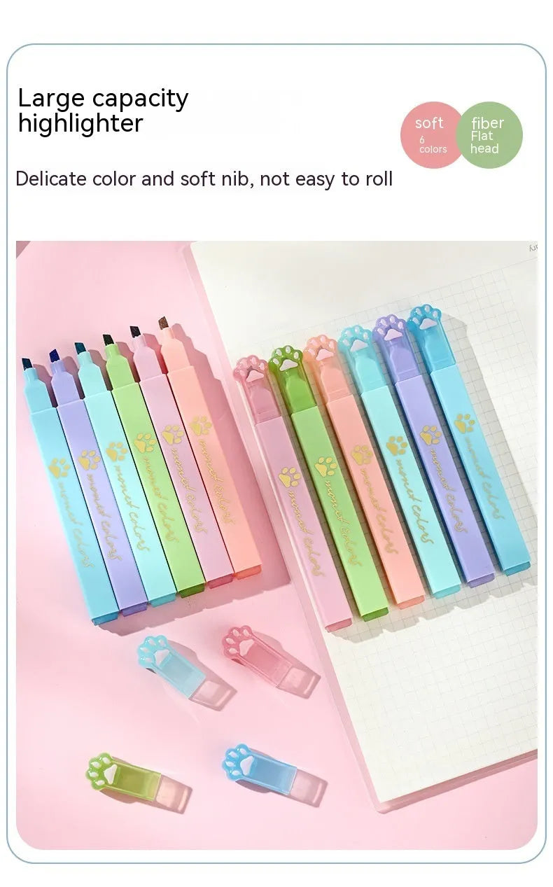 Box of six cat's paw shaped fluorescent marking pens in assorted colours with oblique nibs.