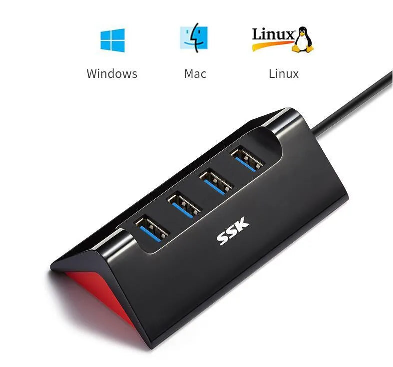 Black USB expansion hub with four ports showing USB 3.0 and USB 2.0 interfaces on ABS plastic casing