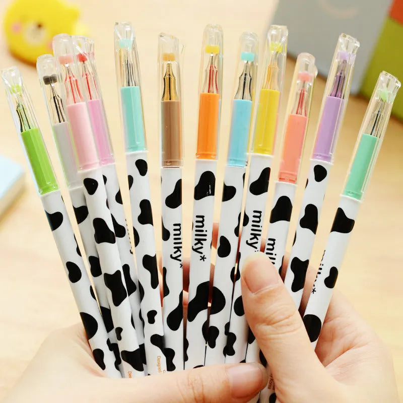 Cow print gel pen set showing 12 colours with 0.38mm fine tips