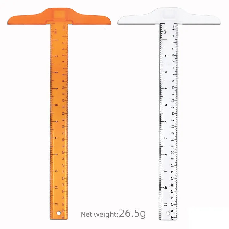30cm plastic T-shaped ruler with scale markings in transparent or orange yellow colour