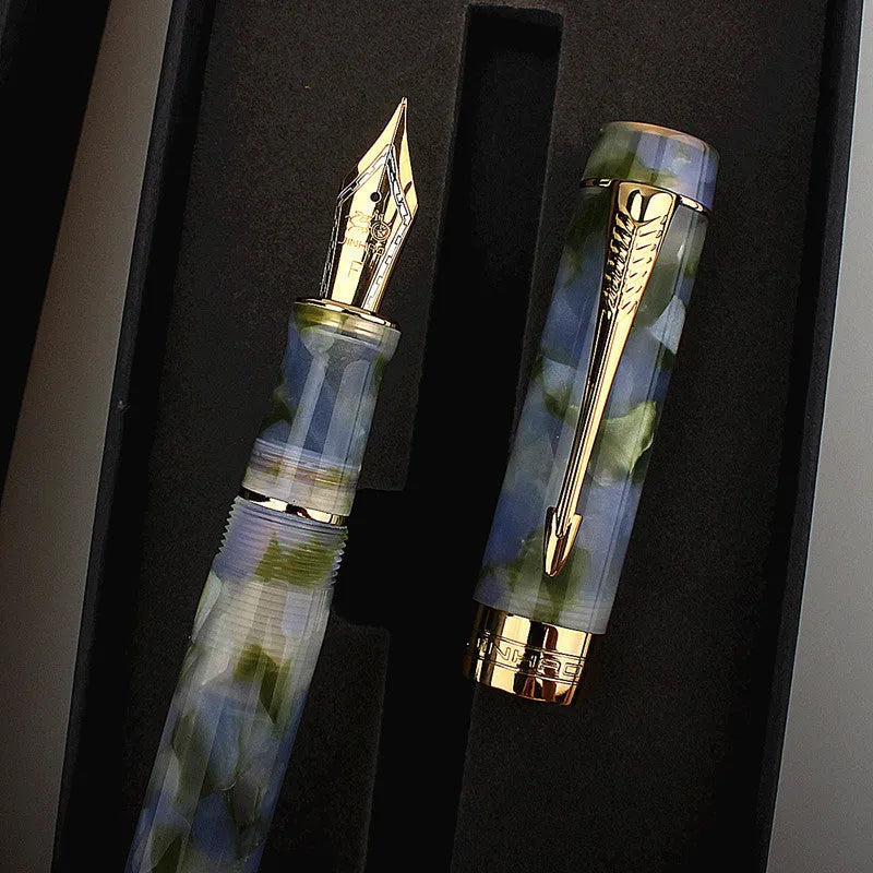 Deep Bath Green metal fountain pen showing fine, medium, and graphic nib options.