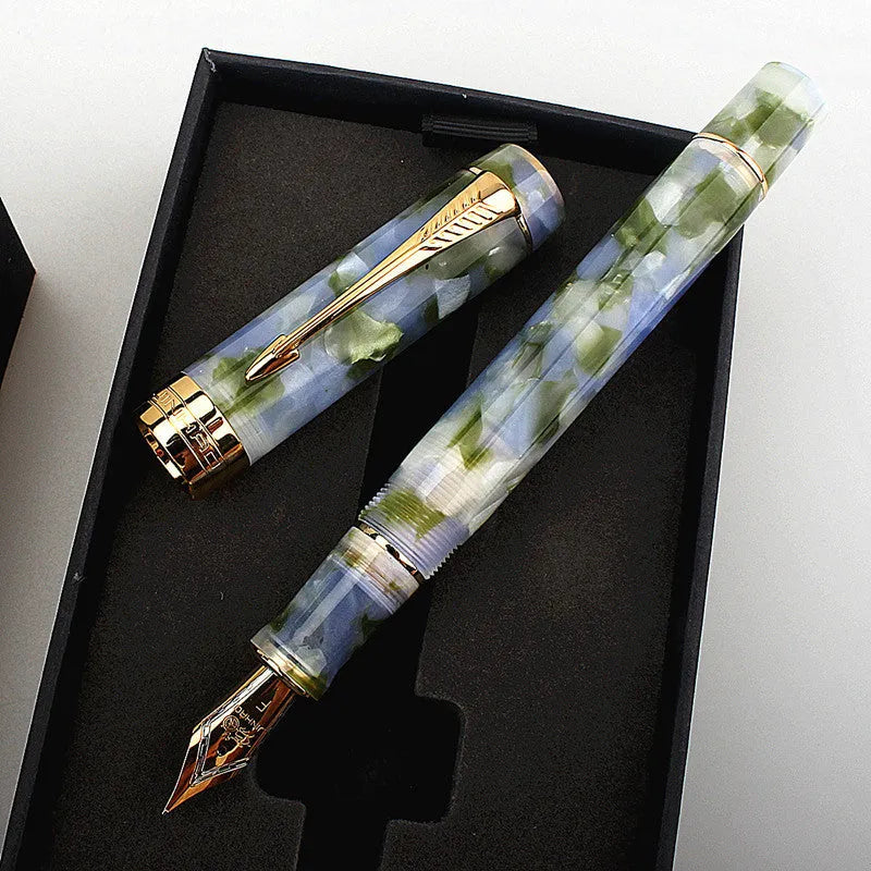 Deep Bath Green metal fountain pen showing fine, medium, and graphic nib options.