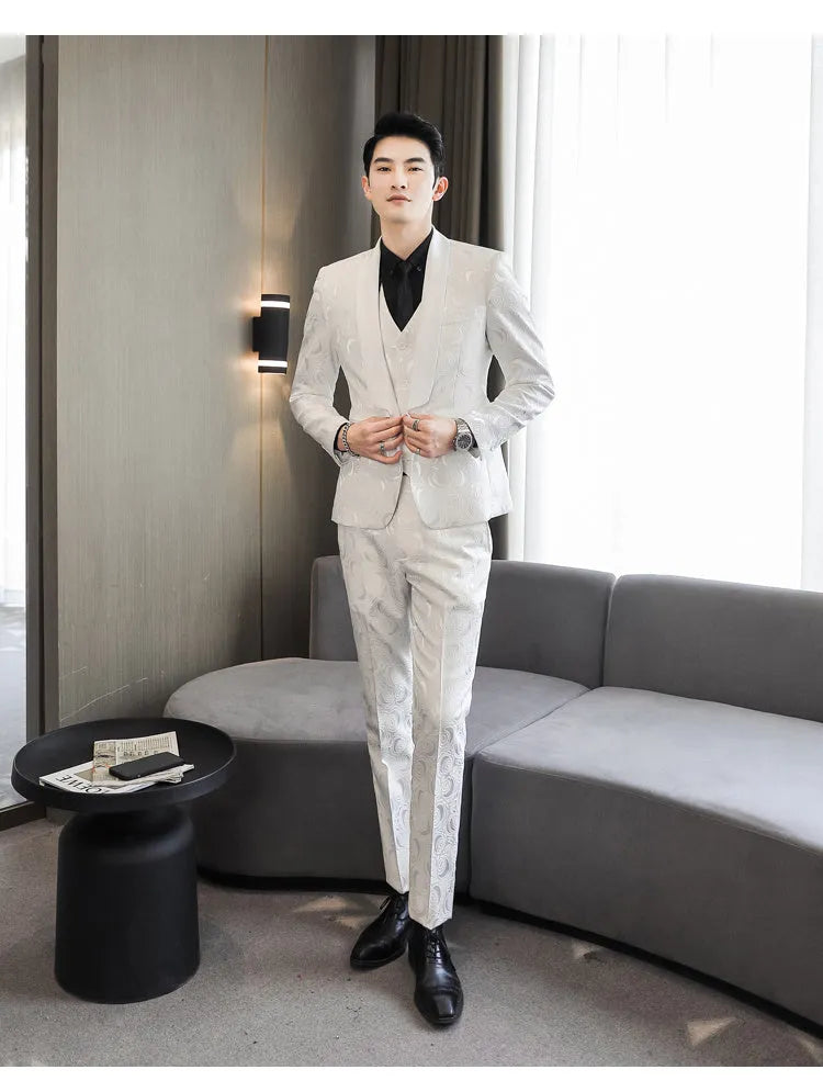 Men's slim fit three-piece wedding suit set in white and black with embossed fabric, jacket, vest, and trousers