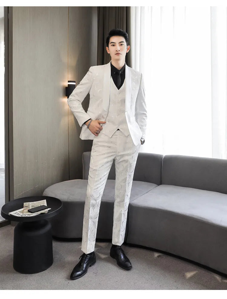 Men's slim fit three-piece wedding suit set in white and black with embossed fabric, jacket, vest, and trousers