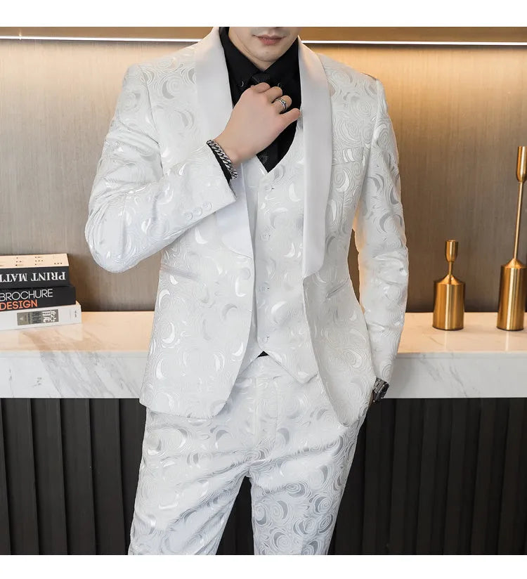 Men's slim fit three-piece wedding suit set in white and black with embossed fabric, jacket, vest, and trousers