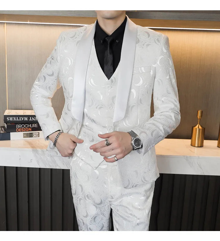 Men's slim fit three-piece wedding suit set in white and black with embossed fabric, jacket, vest, and trousers