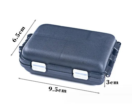 Plastic fishing tackle storage box with 10 compartments in black, blue, or green.