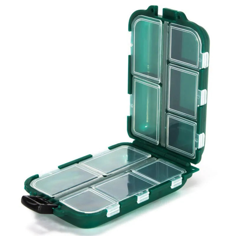 Plastic fishing tackle storage box with 10 compartments in black, blue, or green.