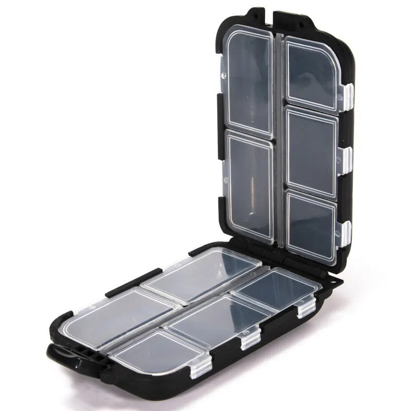 Plastic fishing tackle storage box with 10 compartments in black, blue, or green.