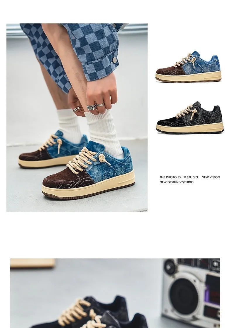 Men’s lace-up denim board shoes in Denim Blue with rubber sole and stitching details