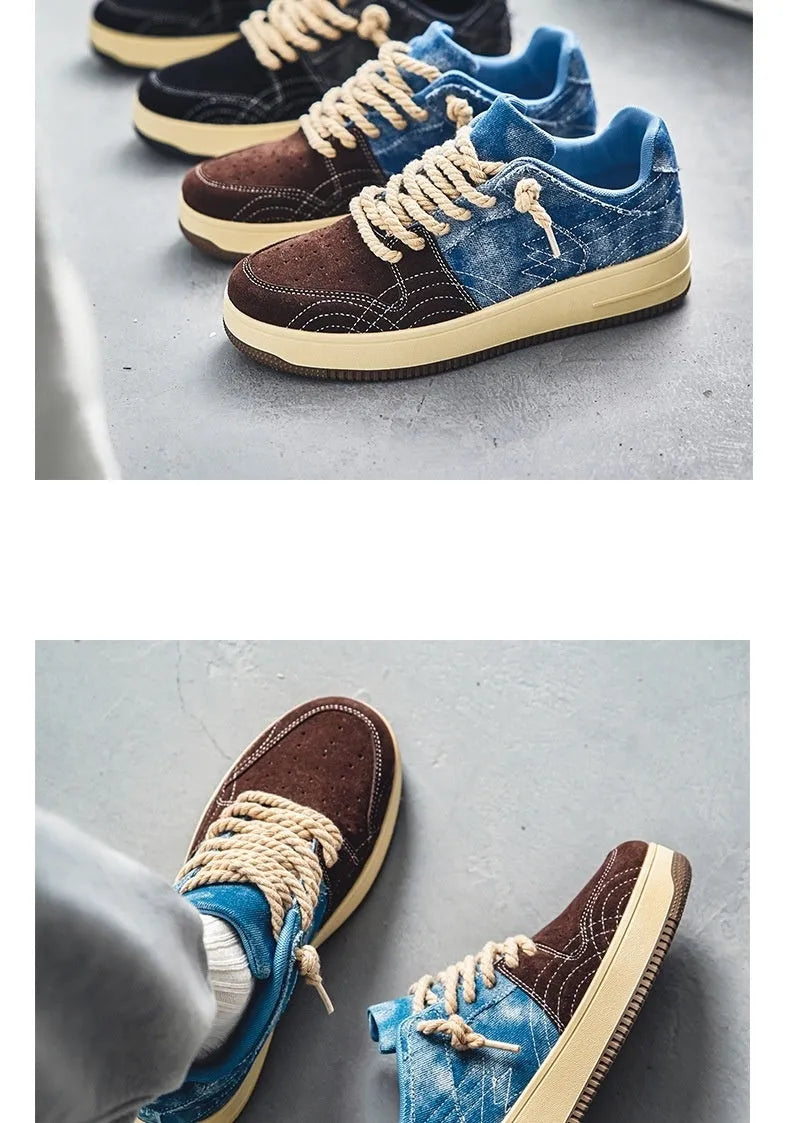 Men’s lace-up denim board shoes in Denim Blue with rubber sole and stitching details