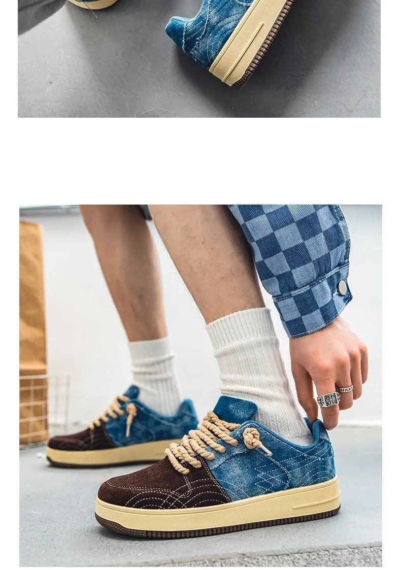 Men’s lace-up denim board shoes in Denim Blue with rubber sole and stitching details
