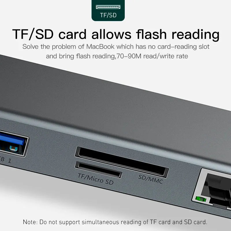 Ten-port USB C hub docking station with aluminium cooling bracket showing HDMI, VGA, and network ports