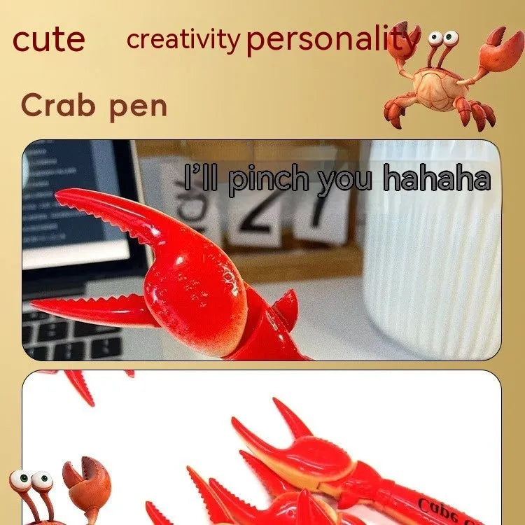 Creative ballpoint pen with a can-shaped clip and a small moving crab decoration on a white background.