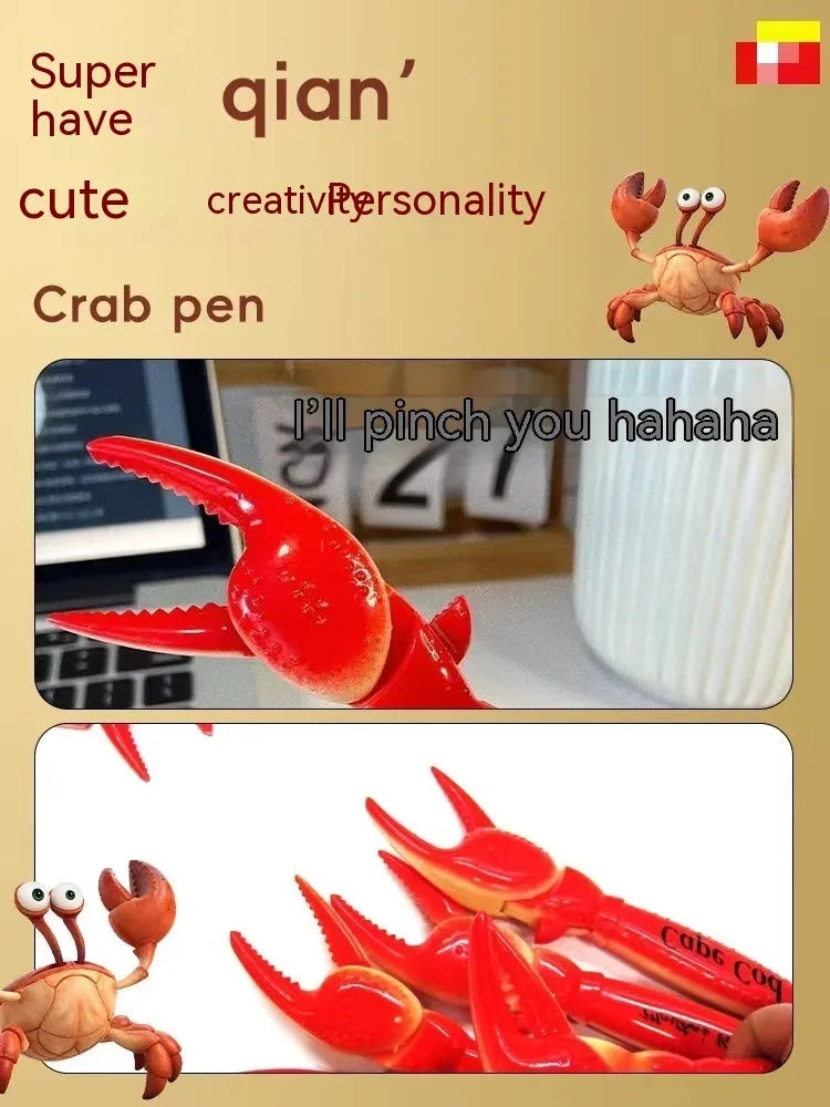 Creative ballpoint pen with a can-shaped clip and a small moving crab decoration on a white background.