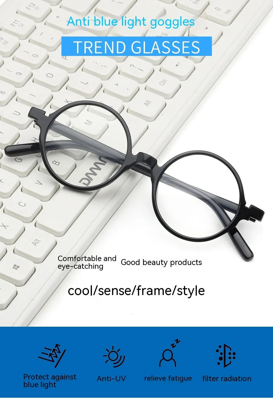 Artistic retro round flat mirror glasses in PC material available in four colour variations