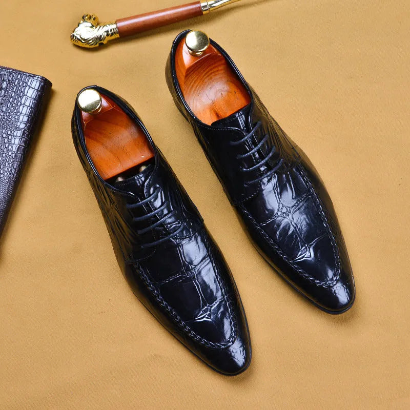 Men's black leather business shoes with alligator pattern texture and silver horse bit buckle