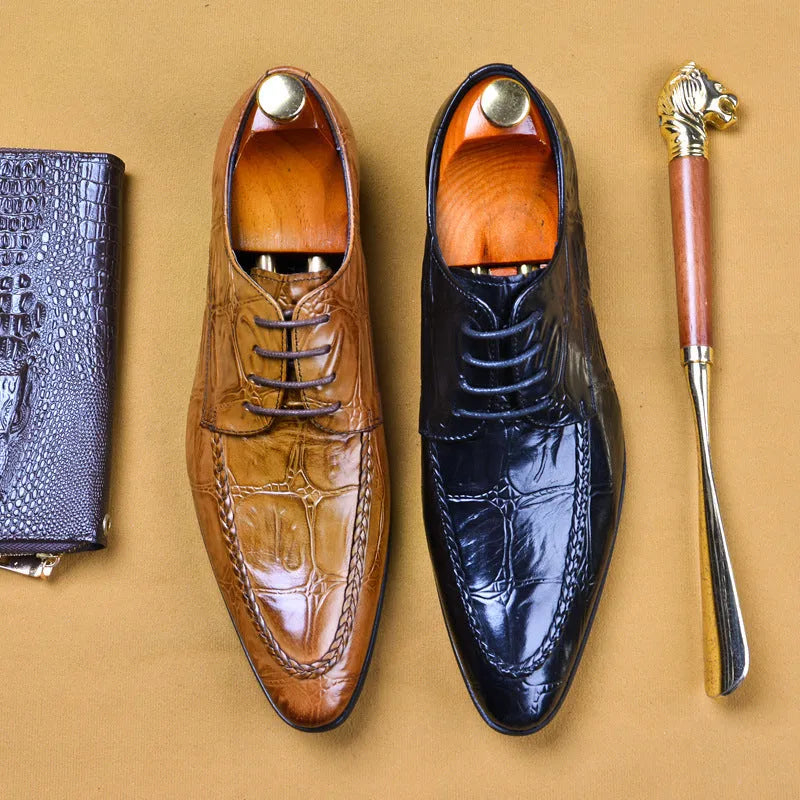 Men's black leather business shoes with alligator pattern texture and silver horse bit buckle