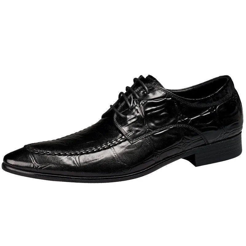 Men's black leather business shoes with alligator pattern texture and silver horse bit buckle