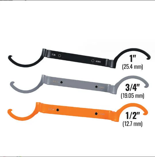 Three-piece magnetic suction wrench kit showing orange, grey, and black tools with different dimensions