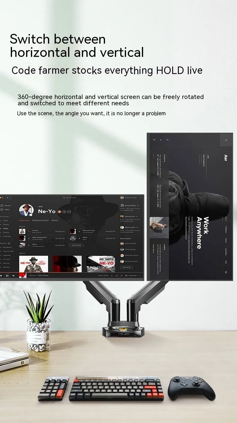 Black dual monitor desk mount bracket with VESA plates and a height-adjustable lifting arm.