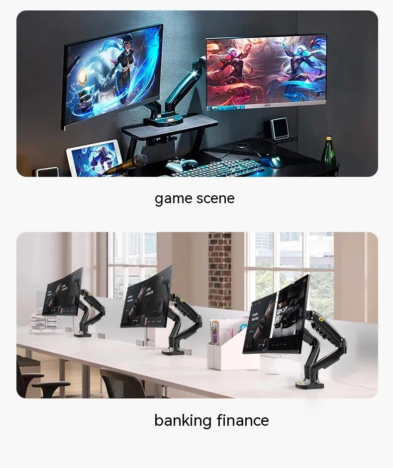 Black dual monitor desk mount bracket with VESA plates and a height-adjustable lifting arm.
