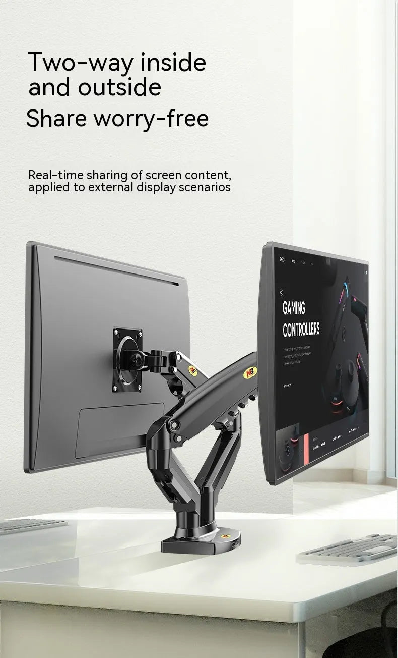 Black dual monitor desk mount bracket with VESA plates and a height-adjustable lifting arm.