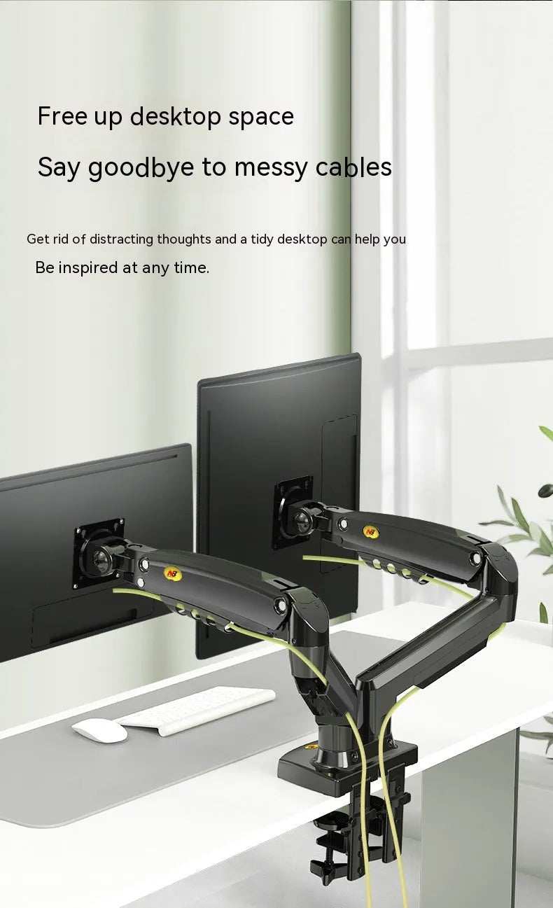 Black dual monitor desk mount bracket with VESA plates and a height-adjustable lifting arm.