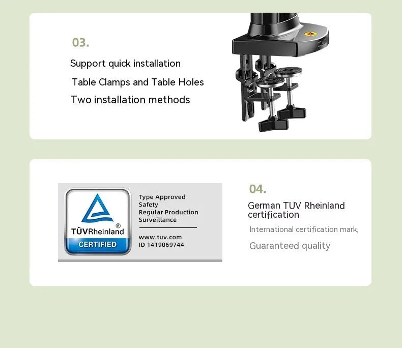 Black dual monitor desk mount bracket with VESA plates and a height-adjustable lifting arm.